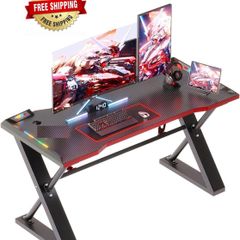 120 x 55 cm Gaming Desk with LED Lights, Gaming Table Thickened Z Shaped, Gamer Desk with Carbon Fiber Coated, Gaming PC Desk, Computer Desk Easy to Assemble, Carbon Fiber Black