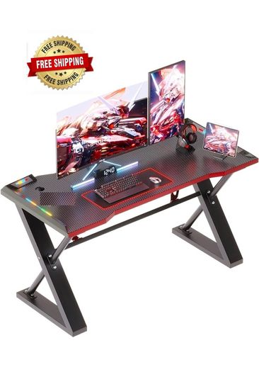 120 x 55 cm Gaming Desk with LED Lights, Gaming Table Thickened Z Shaped, Gamer Desk with Carbon Fiber Coated, Gaming PC Desk, Computer Desk Easy to Assemble, Carbon Fiber Black