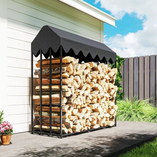 Outdoor log rack, log shelf with 600D Oxford protective cover capacity, steel 186x70x185cm