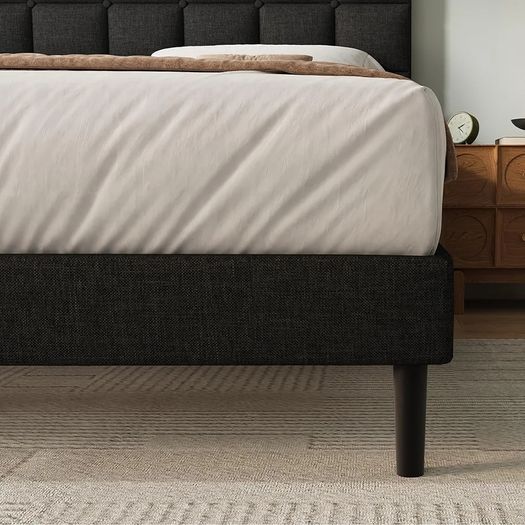 Small Double Bed Frame, Easy Assembly, Sturdy Wooden Slat Support, Upholstered Platform with Headboard, No Box Spring Needed, Black Small Double Bed 120/190