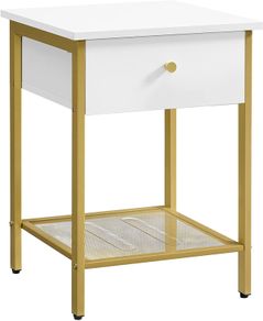 Bedside table, side table, with drawer and grid shelf, for bedroom, living room, modern, white-gold-colored