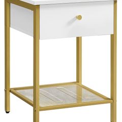 Bedside table, side table, with drawer and grid shelf, for bedroom, living room, modern, white-gold-colored