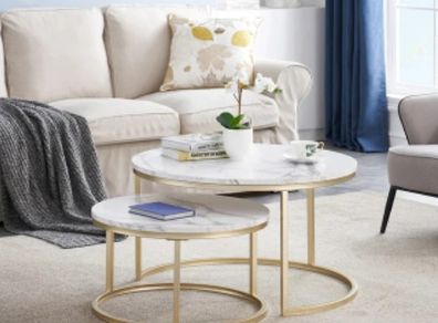 2 in 1 Marble Texture Coffee Table For Living Room Sofa Side Round