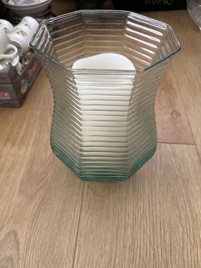 Large 8.5" tall flarred scalloped Aqua Glass Candle Holder or Vase with LED Candle