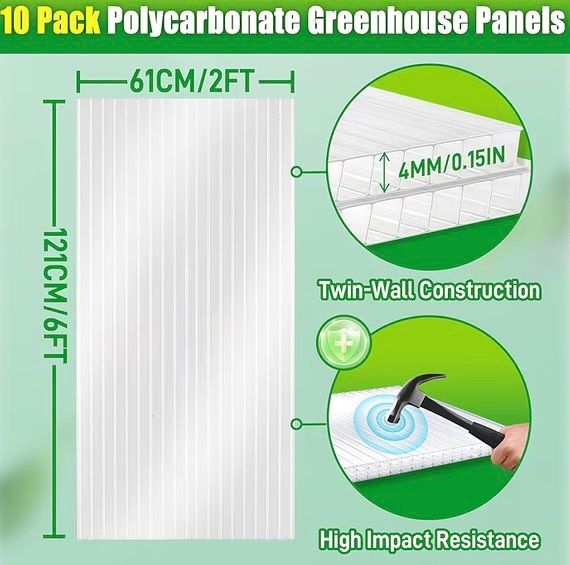10 Pack 4mmx61x121cm Polycarbonate Sheets, 4' x 2' x 0.16'' Twin-Wall Plastic Roofing Sheets, All Weather Clear Roofing Sheet Greenhouse Plastic Panels Outdoor