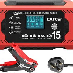 15Amp Car Battery Charger, 12V Smart Trickle Charger and Maintainer, LCD Screen Maintainer/Pulse Repair Activation Pack for Car, Motorcycle, Lead Acid Batteries & AGM. (15A)