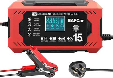 15Amp Car Battery Charger, 12V Smart Trickle Charger and Maintainer, LCD Screen Maintainer/Pulse Repair Activation Pack for Car, Motorcycle, Lead Acid Batteries & AGM. (15A)