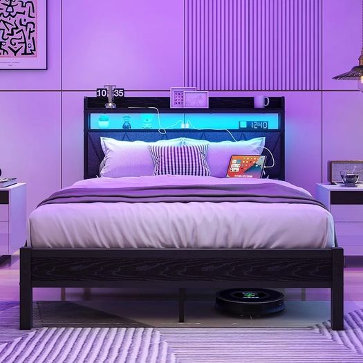 4ft6 Double Size Bed Frame with LED Lights Storage Upholstered Headboard and Charging Station, Solid Metal Platform Bed Double Size, No Box Spring Needed, Noise Free