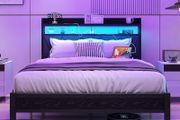4ft6 Double Size Bed Frame with LED Lights Storage Upholstered Headboard and Charging Station, Solid Metal Platform Bed Double Size, No Box Spring Needed, Noise Free
