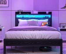 4ft6 Double Size Bed Frame with LED Lights Storage Upholstered Headboard and Charging Station, Solid Metal Platform Bed Double Size, No Box Spring Needed, Noise Free