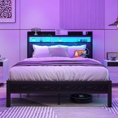 4ft6 Double Size Bed Frame with LED Lights Storage Upholstered Headboard and Charging Station, Solid Metal Platform Bed Double Size, No Box Spring Needed, Noise Free