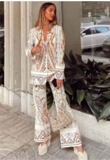 Gorgeous Zara Bloggers Viral Insta Famous Boho Ethnic Print Linen Blend Suit, Blazer and Trousers