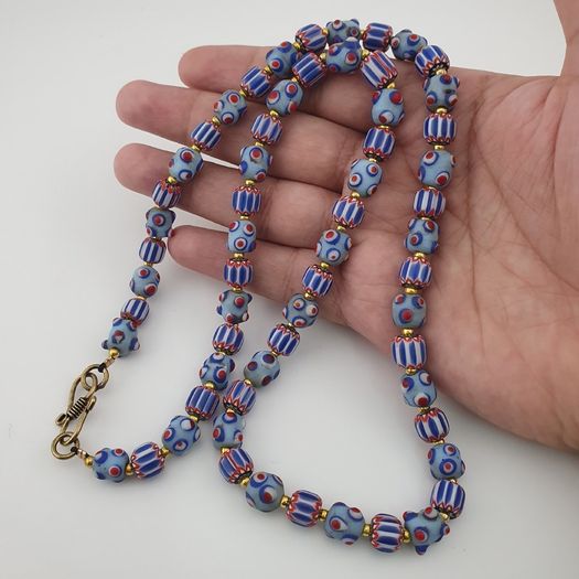 Antique Venetian Style Chevron & Skunk Glass Beads Necklace