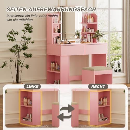 Dressing Table with Stool and Mirror, Dressing Table with LED Lighting with 3 Colours, Adjustable Brightness, Cosmetic Table with 2 Drawers, Open Compartments, Modern (Pink)