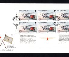 1989 Guernsey 50th Anniversary of Guernsey Airport 12p booklet pane showing Guernsey Airways de Havilland DH.86 Plane Dragon Express and Mail Van Commemorative Stamps Official First Day Cover (FDC)
