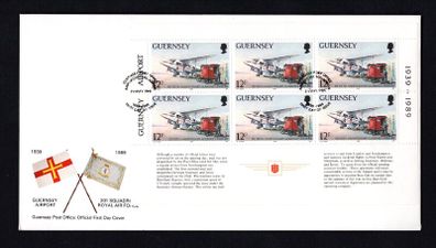 1989 Guernsey 50th Anniversary of Guernsey Airport 12p booklet pane showing Guernsey Airways de Havilland DH.86 Plane Dragon Express and Mail Van Commemorative Stamps Official First Day Cover (FDC)