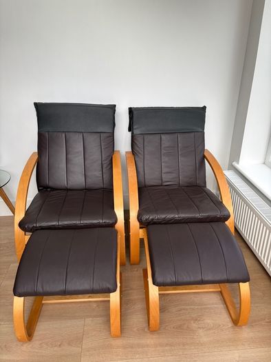 Set of 2 Brown leather and wood Bent Wood Easy Chairs and matching footstools