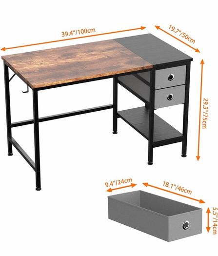 Computer Desk, Office Work Desk for student and worker, Writing Desk with drawer and Headphone Hook, Laptop Table with shelves, Modern Style Desks for Bedroom, Home, Office(100x50x75cm)