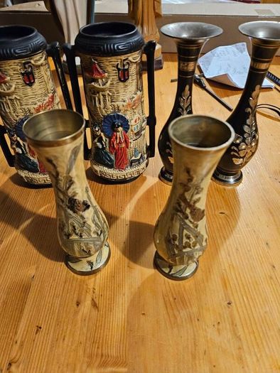 3 X Pairs Of Vases. Porcelain And Metal All In Good Condition. See Photos For Same.