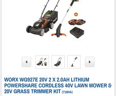 Worx Wg927e 20v 2 X 2.0ah Lithium Powershare Cordless 40v Lawn Mower & 20v Grass Trimmer Kit