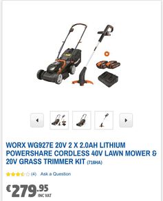 Worx Wg927e 20v 2 X 2.0ah Lithium Powershare Cordless 40v Lawn Mower & 20v Grass Trimmer Kit