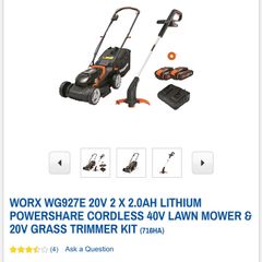 Worx Wg927e 20v 2 X 2.0ah Lithium Powershare Cordless 40v Lawn Mower & 20v Grass Trimmer Kit