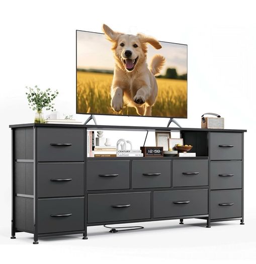 Tv Cabinet, Dresser for Bedroom with 11 Fabric Drawers, TV Stand with Power Socket for TVs up to 70 inchTV Units for Living Room, Bedroom, Black