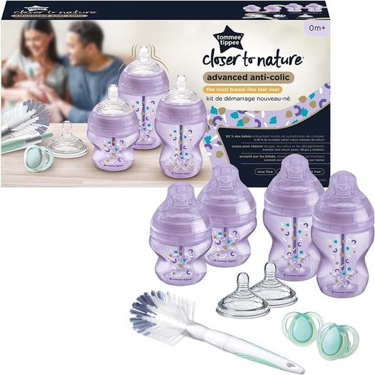 Advanced Anti-Colic Newborn Baby Bottle Starter Kit, Slow-Flow Breast-Like Teats and Unique Anti-Colic Venting System, Mixed Sizes, Purple