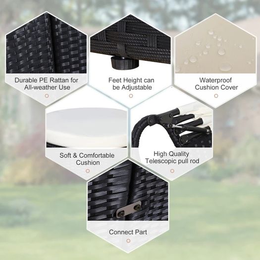 5 Piece Cushioned Outdoor Plastic Rattan Wicker Round Sofa Bed Coffee Table Sectional Patio Conversation Furniture Set - Black