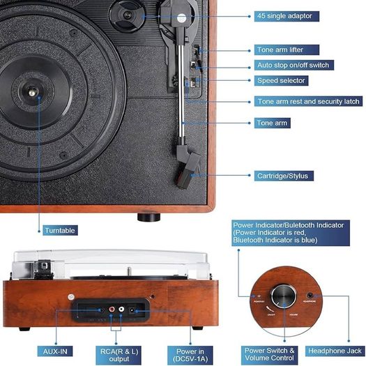 FREE EXPRESS SHIPPING Bluetooth Record Player Belt-Driven 3-Speed Turntable, Vintage Vinyl Record Players Built-in Stereo Speakers, with Headphone Jack/Aux Input/RCA Line Out, Wooden