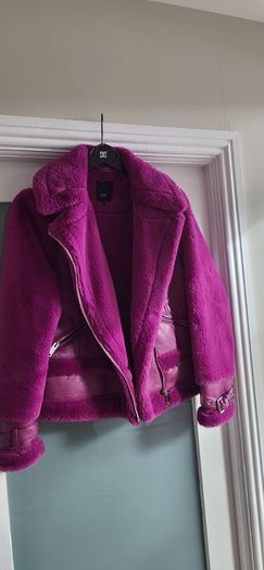 RIVER ISLAND fuschia faux leather and fur biker jacket Sz 14UK - Rrp 125 (New)