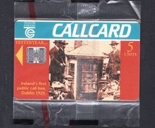 1995 Ireland 5 unit complimentary Callcard was by Telecom Eireann. Includes a picture of Ireland's first call box dating back to the year 1925 (Schlumberger SC7) Call Card Mint in Packaging