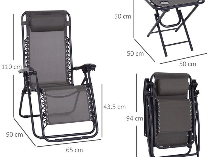 3pcs Folding Zero Gravity Chairs Sun Lounger Table Set w/ Cup Holders Reclining Garden Yard Pool, Dark Grey