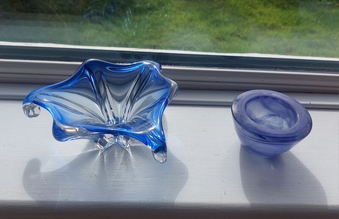 Fabulous Pair of Two Vintage Small Hand-Blown Art Glass Pieces in Shades of Bright Blue and Cornflower Blue, Sold as a Pair