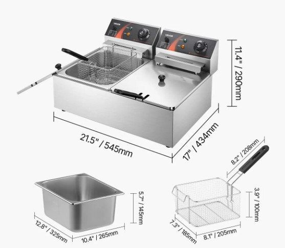 Commercial Deep Fryer 12L Electric Fryer 5000W Twin Basket YB-82 Dual Tank Electric Deep Fryer Countertop Stainless Steel French Fry for Commercial Uses