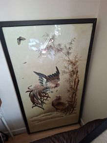 3 Large Antique Chinese Handmade Silk Embroidery of Roosters among Bamboo. These are likely from the 19th or early 20th century, often referred to as Qing Dynasty or Meiji era Ideal for Home or Stage Movie Props