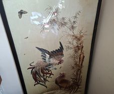 3 Large Antique Chinese Handmade Silk Embroidery of Roosters among Bamboo. These are likely from the 19th or early 20th century, often referred to as Qing Dynasty or Meiji era