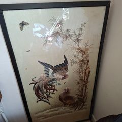 3 Large Antique Chinese Handmade Silk Embroidery of Roosters among Bamboo. These are likely from the 19th or early 20th century, often referred to as Qing Dynasty or Meiji era