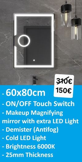 LED Bathroom Mirrors Selection Clock Speakers Bluetooth Demister Antifog Wi-Fi Weather Station Makeup