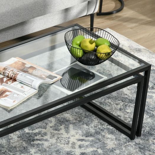 Set of 2 Coffee Tables, Glass Tables, with Powder-Coated Steel, Black + Transparent
