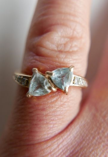 Vintage Solid 14k Gold Aquamarines And Diamonds Ring Size O - 3,35g