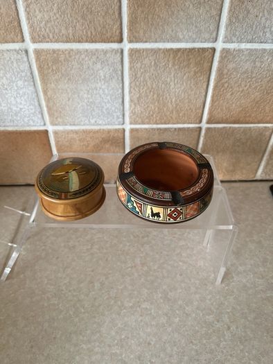 Vintage Handpainted Terracotta Ashtray & Round Carved Wooden Handpainted Trinket Box