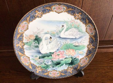 Vintage Japanese Porcelain 10 inch Picture Plate swans on oriental lake