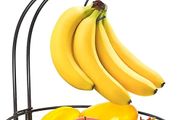 Fruit Basket, 2-Tier Fruit Bowl with Banana Hanger, Kitchen Countertop Rack, Metal Bowls Perfect for Holding Fruit, Vegetables, Snacks, Cupcakes (Black)
