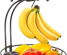Fruit Basket, 2-Tier Fruit Bowl with Banana Hanger, Kitchen Countertop Rack, Metal Bowls Perfect for Holding Fruit, Vegetables, Snacks, Cupcakes (Black)