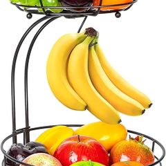Fruit Basket, 2-Tier Fruit Bowl with Banana Hanger, Kitchen Countertop Rack, Metal Bowls Perfect for Holding Fruit, Vegetables, Snacks, Cupcakes (Black)