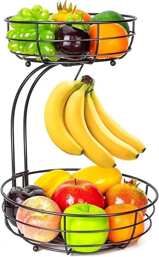Fruit Basket, 2-Tier Fruit Bowl with Banana Hanger, Kitchen Countertop Rack, Metal Bowls Perfect for Holding Fruit, Vegetables, Snacks, Cupcakes (Black)