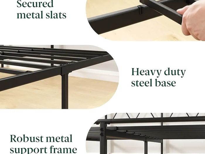 Modern Double Metal Bed Frame with Headboard (135 x 190 cm) Steel Slat Support, Easy Assembly Black
