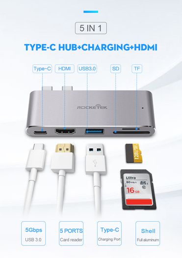 Rocketek Mini Dock Combo USB 3.0 Hub + HDMI 4K@30Hz & SD/TF Card Reader Aluminum Alloy (Brand New/Warranty)