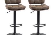 Set of 2 Button-Tufted Vintage Bar Stools - Swivel, Adjustable - Footrest - Brown PU